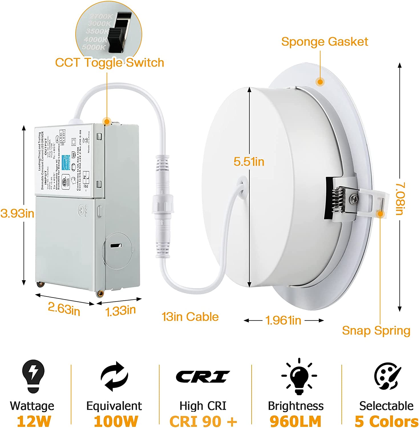 4-дюймовые потолочные светильники WIFI RGB 2000K-6000K DAMP со светодиодными встраиваемыми подвесными панелями и распределительной коробкой с регулируемой яркостью Потолочное освещение с номиналом IC ETL Energy Star YG002B9-R-5L-WIFI