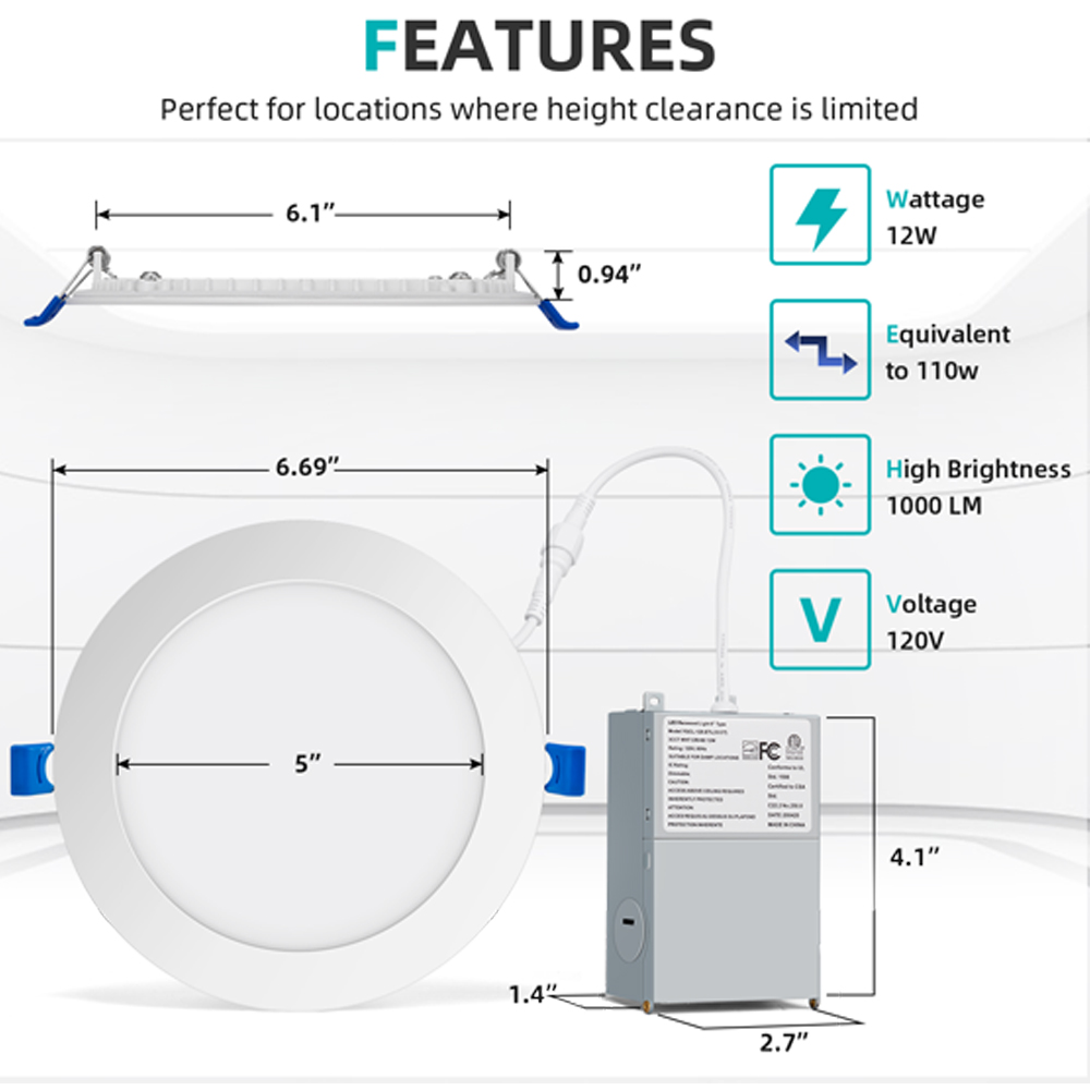 Тонкие панельные светильники ETL Energy Star 1300LM, 6 дюймов, 12 Вт, 3CCT, встраиваемые светодиодные светильники